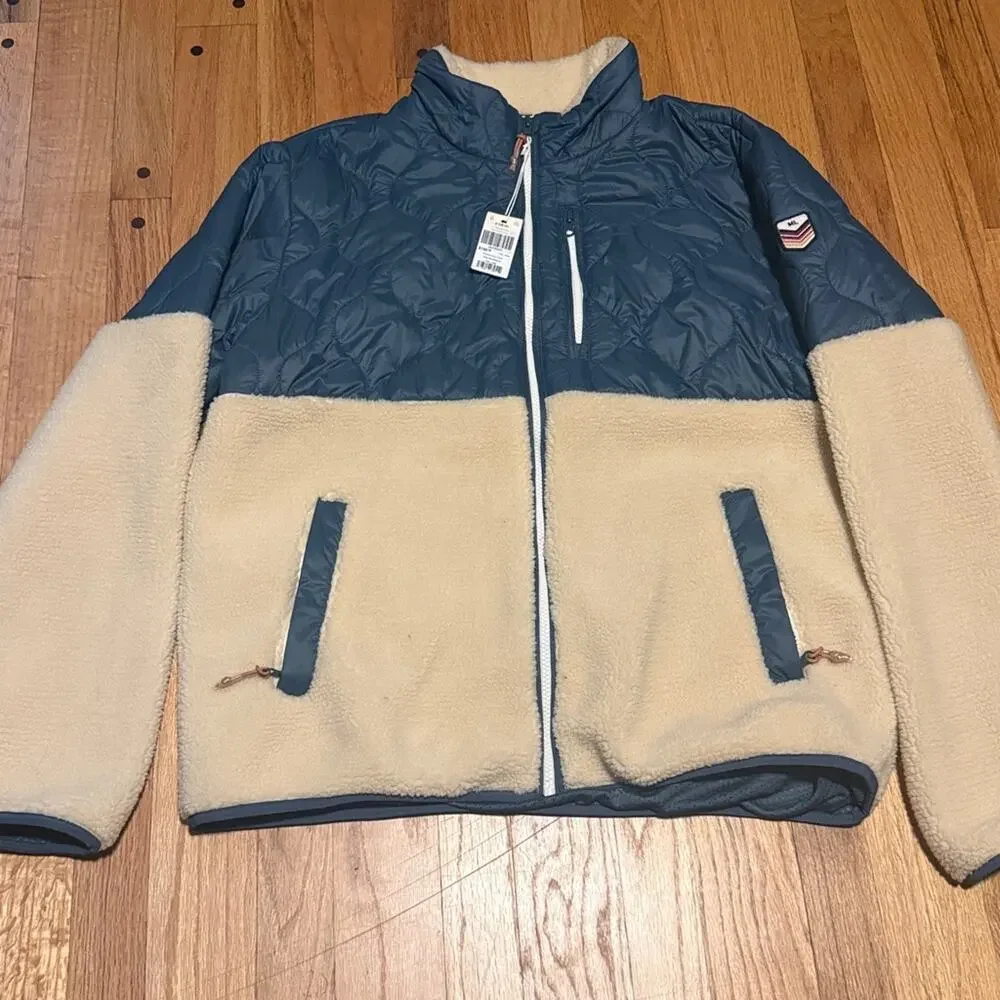 NEW Marine Layer Orion Blue & Natural Quilted Bariloche Sherpa Jacket Size XL